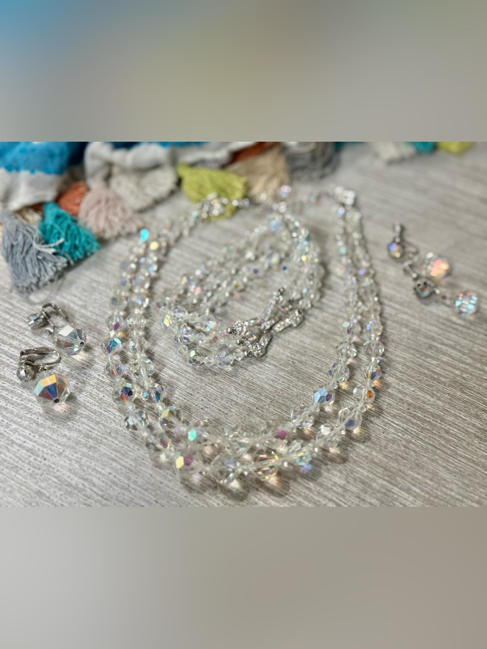 Crystal Vintage Beaded Multi-Strand Necklace/clip on Earrings & Bracelet Set